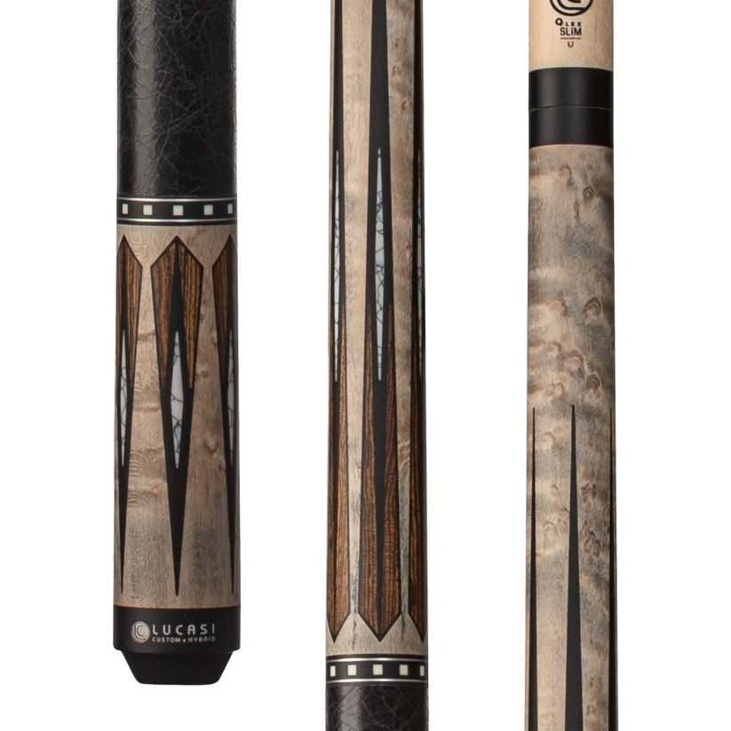 Lucasi Custom Matte Grey Maple & Bocote/White Recon Cue with Leather Wrap
